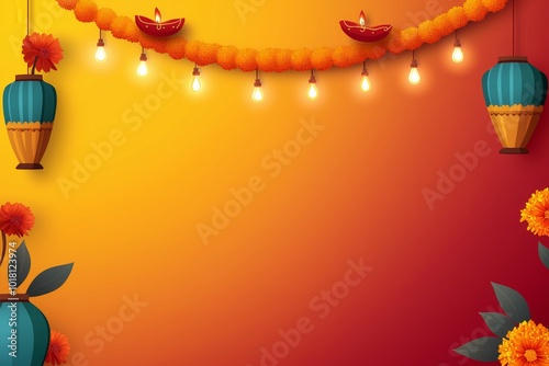 Colorful Diwali Festival Background with Hanging Lanterns and Bright Marigold Garlands