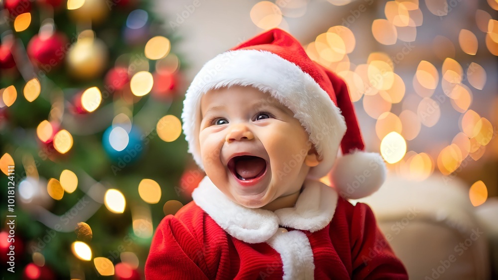 A joyful baby wearing a Santa Claus costume sits in front of a beautifully lit Christmas tree. The baby is smiling widely, embodying the festive spirit of Christmas in a cozy, holiday-themed setting. A joyful baby wearing a Santa Claus costume sits in front of a beautifully lit Christmas tree. The baby is smiling widely, embodying the festive spirit of Christmas in a cozy, holiday-themed setting.