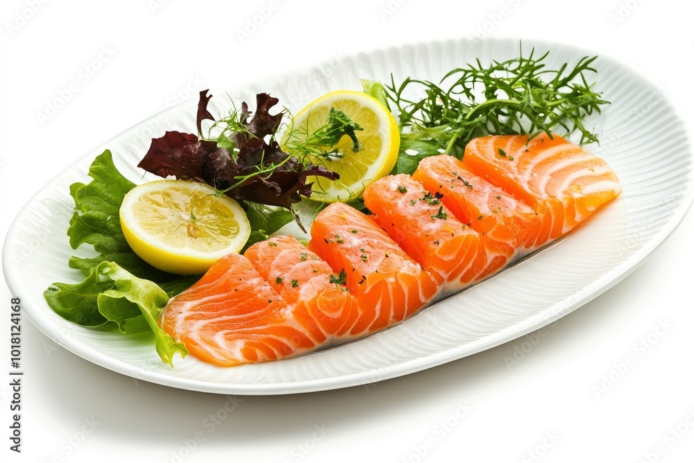 Restaurant Starter Menu with Slightly Salted Salmon Fillet Isolated on White Background. Thin Slices of Red Fish or Trout with Lemon and Greens on Elegant Flat Plate Close Up - generative ai Restaurant Starter Menu with Slightly Salted Salmon Fillet Isolated on White Background. Thin Slices of Red Fish or Trout with Lemon and Greens on Elegant Flat Plate Close Up - generative ai