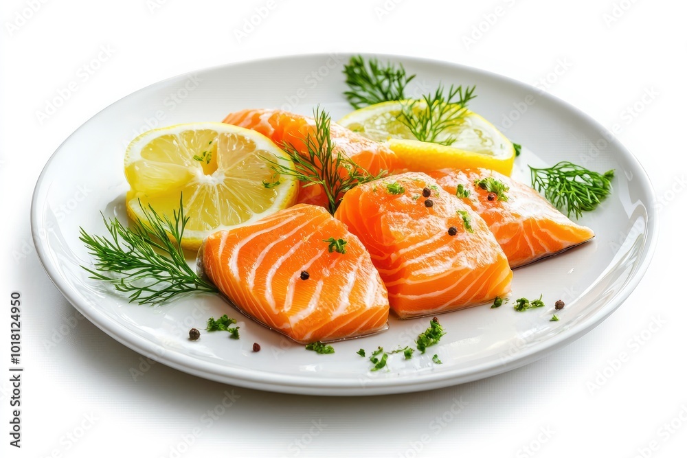 Restaurant Starter Menu with Slightly Salted Salmon Fillet Isolated on White Background. Thin Slices of Red Fish or Trout with Lemon and Greens on Elegant Flat Plate Close Up - generative ai Restaurant Starter Menu with Slightly Salted Salmon Fillet Isolated on White Background. Thin Slices of Red Fish or Trout with Lemon and Greens on Elegant Flat Plate Close Up - generative ai