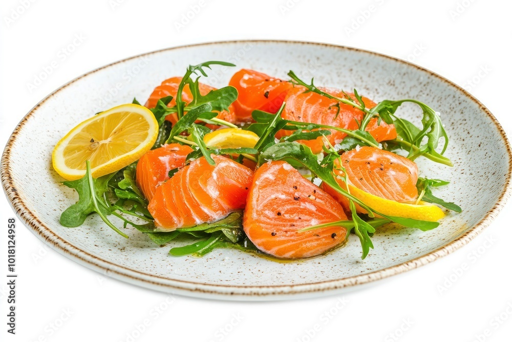 Restaurant Starter Menu with Slightly Salted Salmon Fillet Isolated on White Background. Thin Slices of Red Fish or Trout with Lemon and Greens on Elegant Flat Plate Close Up - generative ai Restaurant Starter Menu with Slightly Salted Salmon Fillet Isolated on White Background. Thin Slices of Red Fish or Trout with Lemon and Greens on Elegant Flat Plate Close Up - generative ai