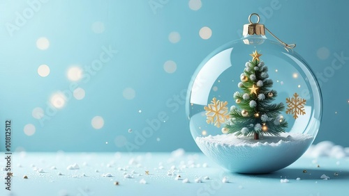 Christmas in pastel blue, Christmas tree inside a delicate sphere, bringing a sense of wonder, horizontal banner, header for site