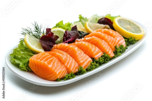 Restaurant Starter Menu with Slightly Salted Salmon Fillet Isolated on White Background. Thin Slices of Red Fish or Trout with Lemon and Greens on Elegant Flat Plate Close Up - generative ai