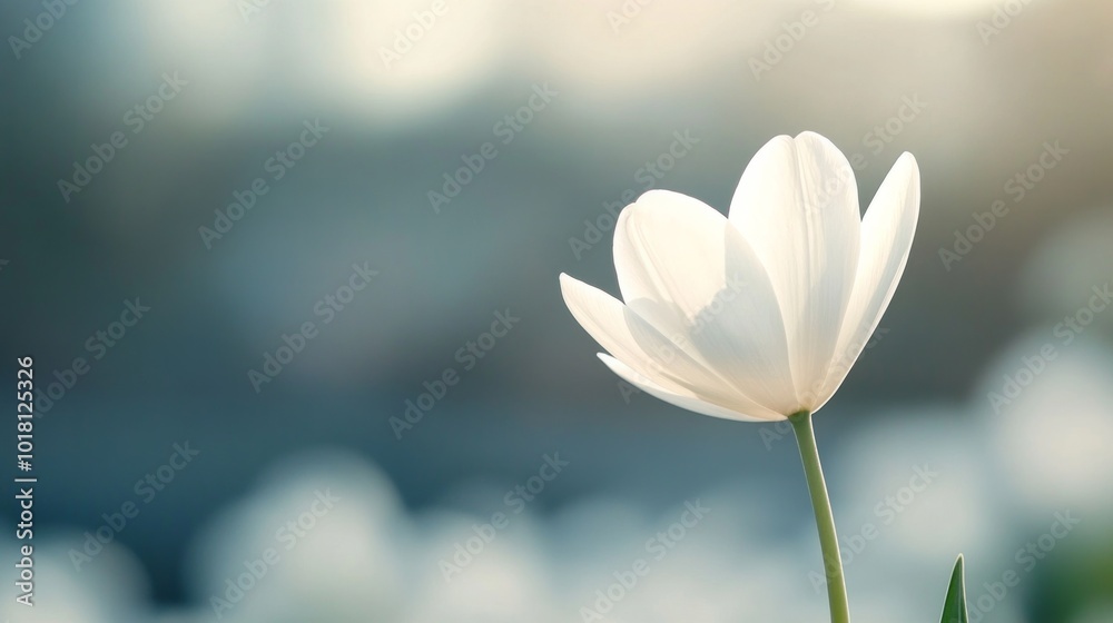 A delicate white flower reaches out to the Sun on a blurred background A delicate white flower reaches out to the Sun on a blurred background