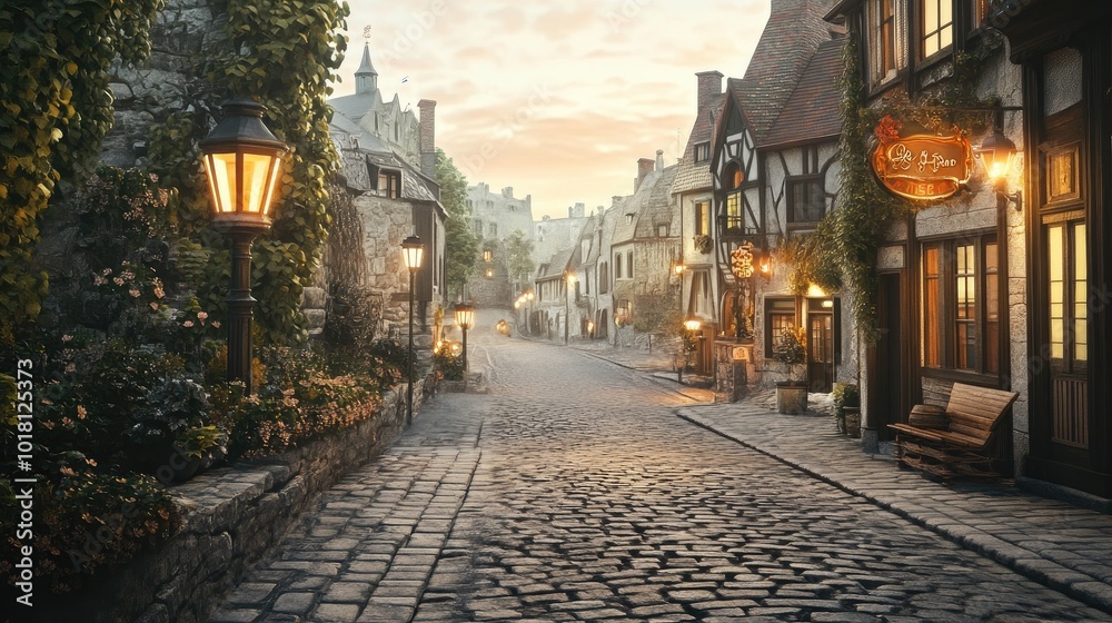 Obraz premium Detailed view of a beautifully paved road through a quaint, historic town with charming buildings and street lamps