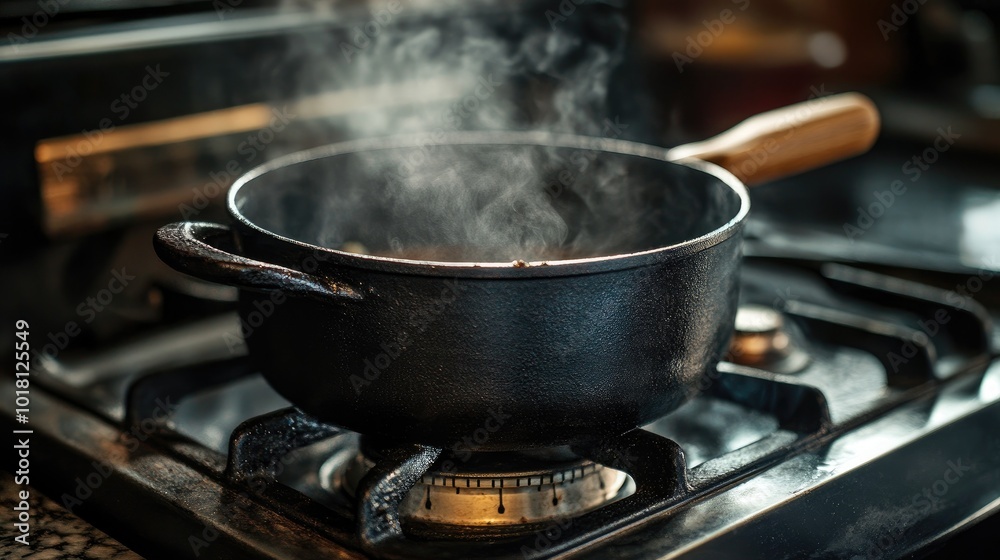 Detailed view of a cast iron pot with a wooden handle, simmering on a gas stove in a well-equipped kitchen Detailed view of a cast iron pot with a wooden handle, simmering on a gas stove in a well-equipped kitchen