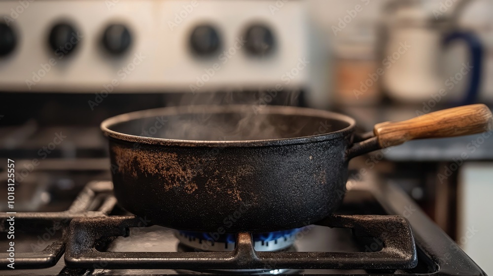 Detailed view of a cast iron pot with a wooden handle, simmering on a gas stove in a well-equipped kitchen Detailed view of a cast iron pot with a wooden handle, simmering on a gas stove in a well-equipped kitchen