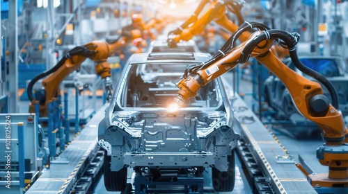 Robotic arms skillfully perform precise tasks on a car assembly line, enhancing production efficiency and accuracy. Generative AI