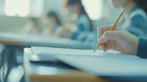 soft focus.high school or university student holding pencil writing on paper answer sheet.sitting on lecture chair taking final exam attending in examination room or classroom.student in uniform.
