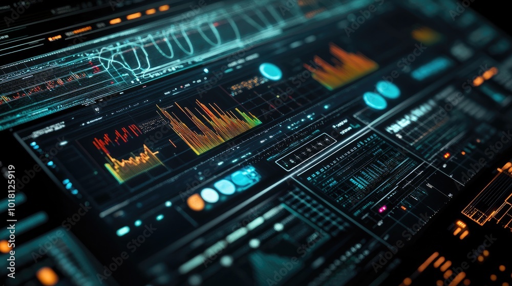 Detailed view of a digital interface showing electrical wave patterns and data, with a focus on signal analysis tools Detailed view of a digital interface showing electrical wave patterns and data, with a focus on signal analysis tools