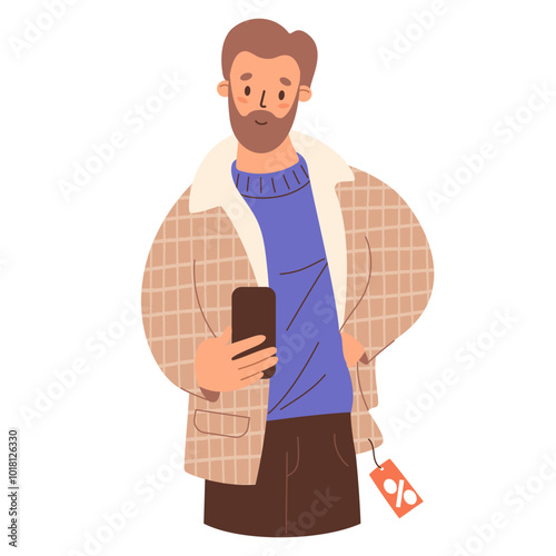 Seasonal Shopping. Bearded man tries on winter plaid coat at sale and takes photo of himself on his phone. Vector illustration. Festive male shopper character