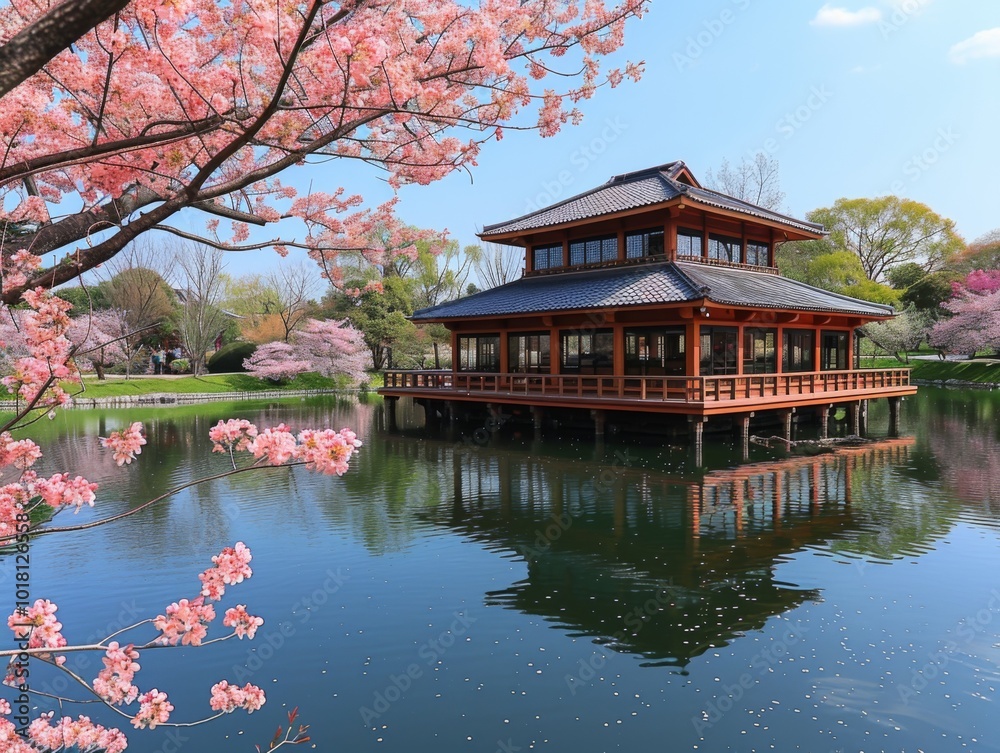 Cherry blossom tree in full bloom . Background Japanese garden.