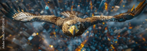 aerial photo. in the foreground is a bald eagle, viewed from above on its back. Below it, in the bokeh, is Manhattan. Realistic photo.