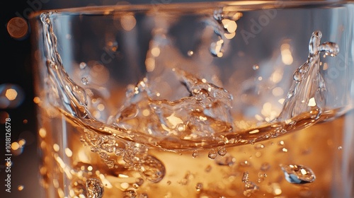 Detailed view of a glass of water with a splash of water and droplets