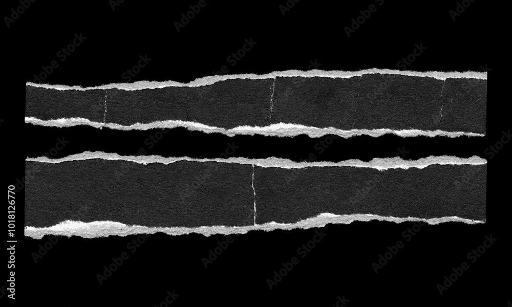 Set of Two Torn Paper Strips with Rough Edges on Black Background for Collage and grunge design Set of Two Torn Paper Strips with Rough Edges on Black Background for Collage and grunge design
