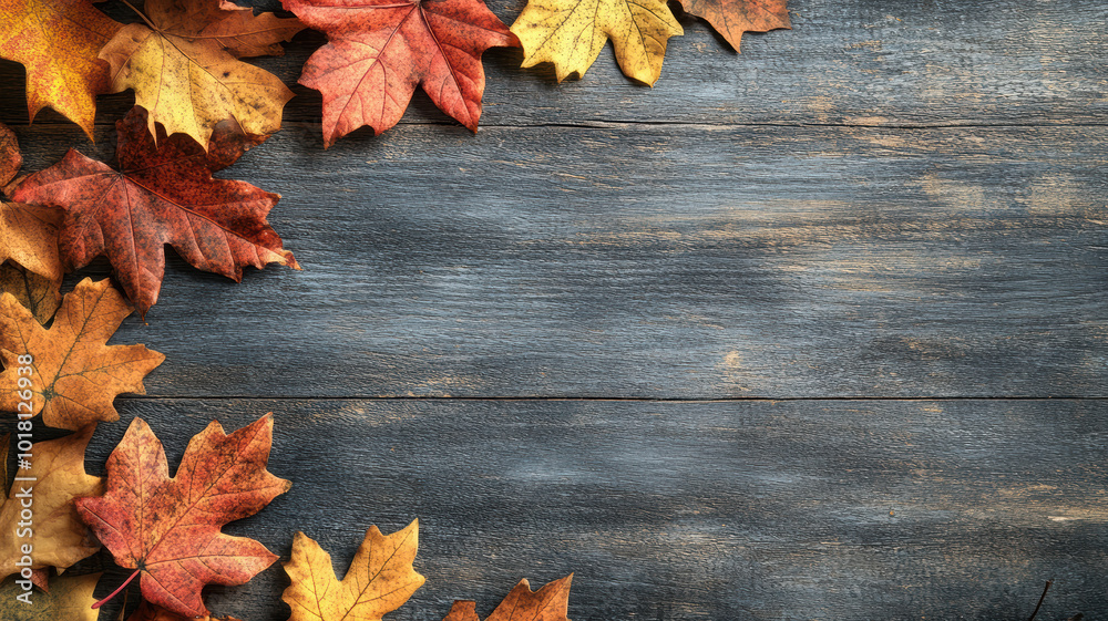 Autumn foliage border on blue wood Autumn foliage border on blue wood
