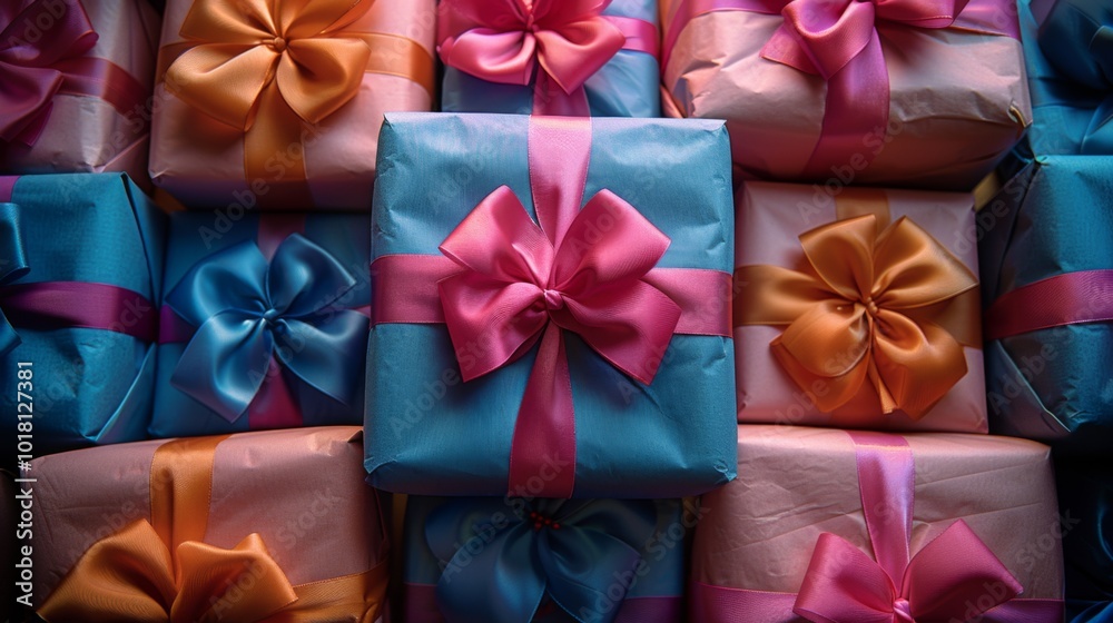 Happy birthday. The Gift Extravaganza . A pile of beautifully wrapped gifts adorned with colorful ribbons and bows, symbolizing the anticipation and excitement of receiving presents on a special day