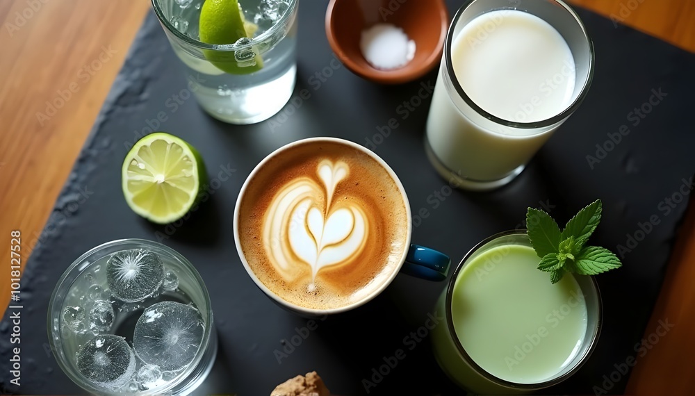 Keto-Friendly Zero-Carb Beverage Snacks with Coffee and Smoothies on Slate Board Keto-Friendly Zero-Carb Beverage Snacks with Coffee and Smoothies on Slate Board