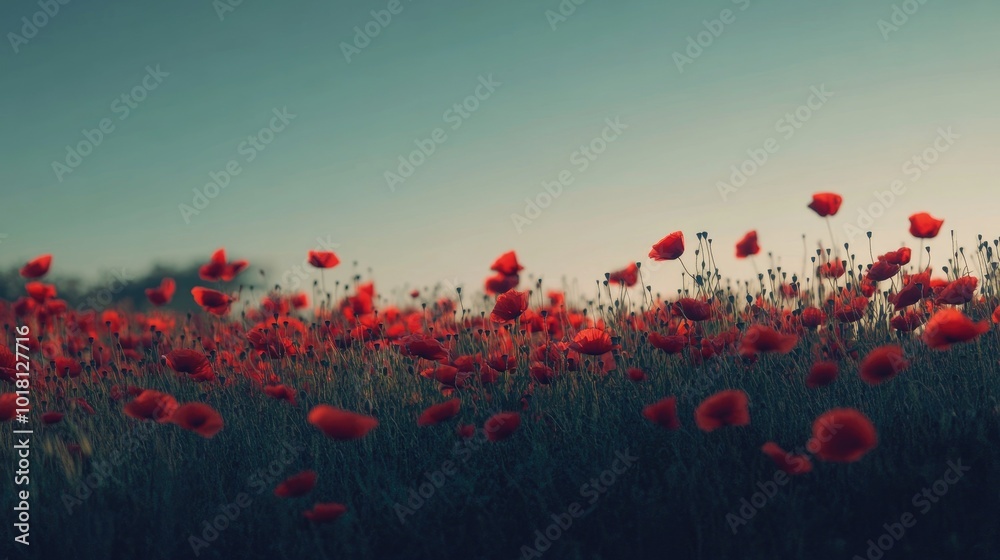 Obraz premium Detailed view of a poppy field with vibrant red flowers swaying in the wind, against a clear sky