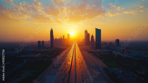 Drone shot King Fahad Road in Riyadh capital city of Saudi Arabia