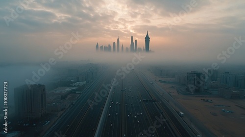 Drone shot King Fahad Road in Riyadh capital city of Saudi Arabia