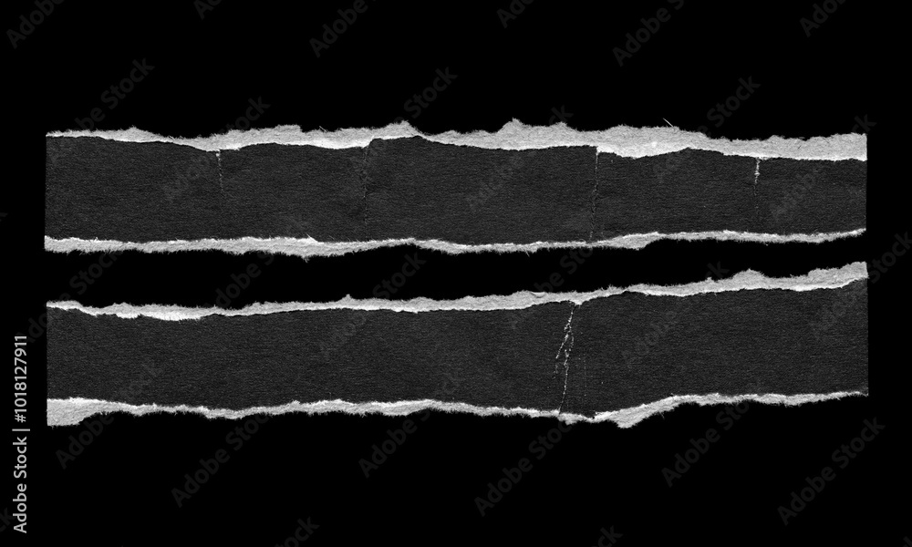 Set of Two Torn Paper Strips with Rough Edges on Black Background for Collage and grunge design Set of Two Torn Paper Strips with Rough Edges on Black Background for Collage and grunge design