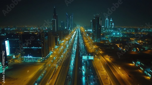 Drone shot King Fahad Road in Riyadh capital city of Saudi Arabia