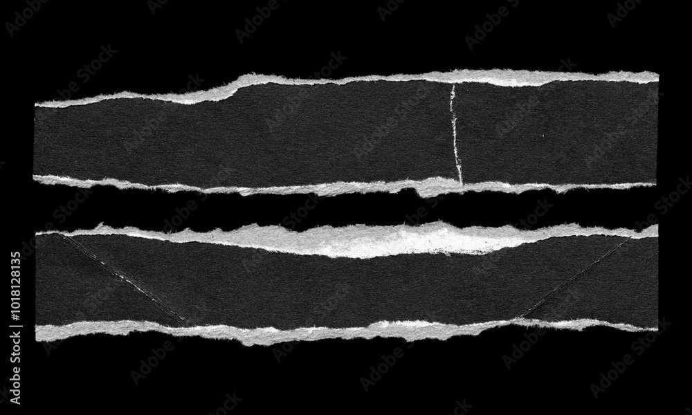 Set of Two Torn Paper Strips with Rough Edges on Black Background for Collage and grunge design Set of Two Torn Paper Strips with Rough Edges on Black Background for Collage and grunge design