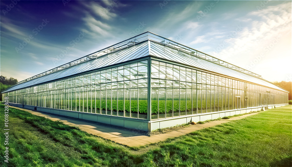 Obraz premium A modern greenhouse with plants in the countryside, closeup