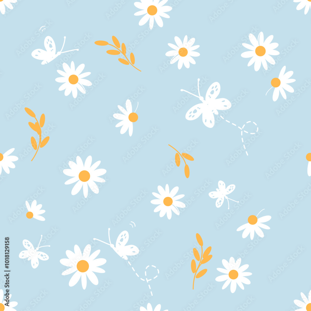 Seamless pattern with daisy flower, butterfly cartoons and yellow branch on blue background vector. Seamless pattern with daisy flower, butterfly cartoons and yellow branch on blue background vector.