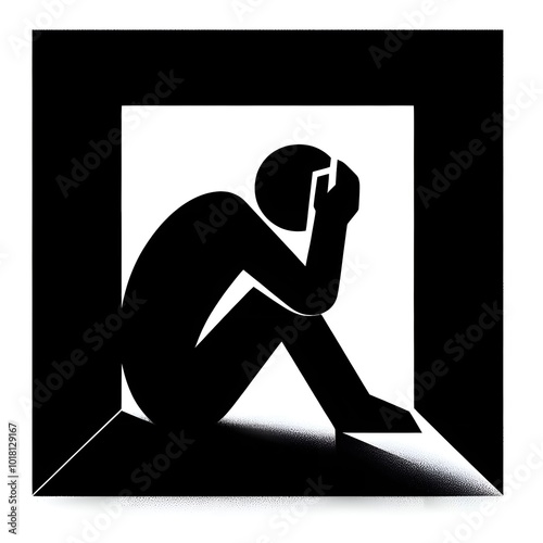 silhouette of a person in a black box, icon or symbol of isolation and loneliness photo