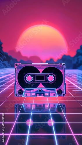 Glowing Cassette Tape in a Neon Synthwave Scene with Retro Grid and Sunset photo