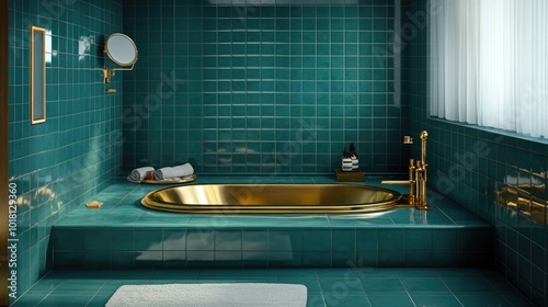 Wallpaper Mural An elegant 1980s bathroom characterized by glossy teal tiles Torontodigital.ca