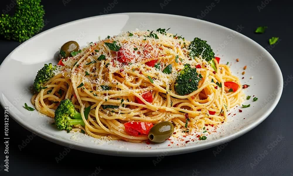 A plate of spaghetti with vegetables, garnished with cheese and herbs. A plate of spaghetti with vegetables, garnished with cheese and herbs.