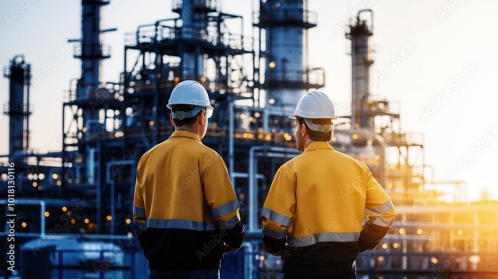 Workers observing industrial plant at sunset, with helmets and safety gear. Workers observing industrial plant at sunset, with helmets and safety gear.