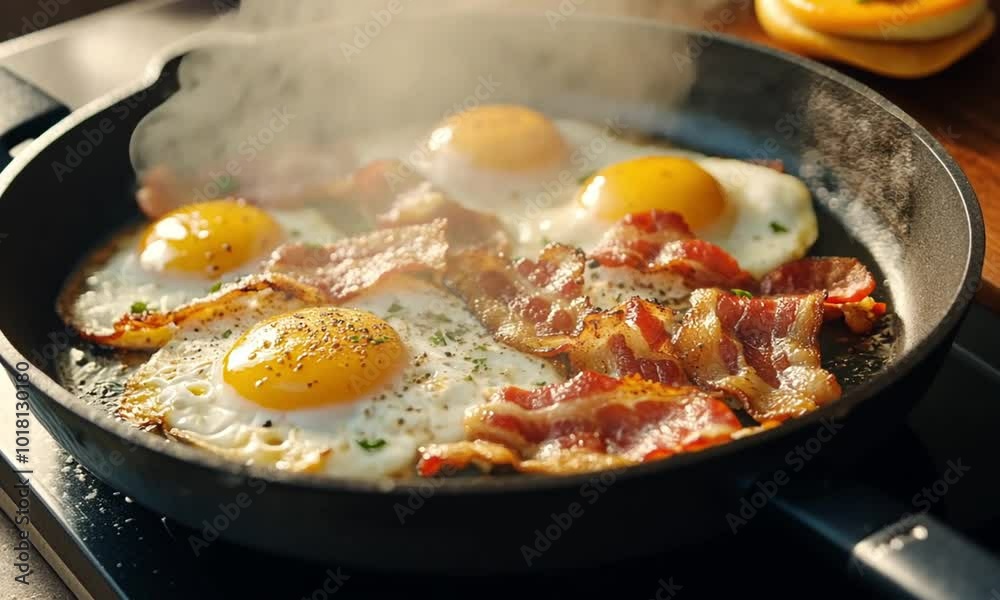 A sizzling skillet of fried eggs and crispy bacon, perfect for a hearty breakfast. A sizzling skillet of fried eggs and crispy bacon, perfect for a hearty breakfast.