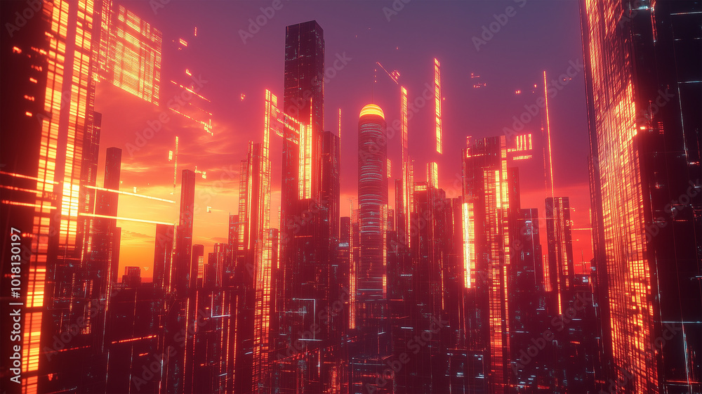Fototapeta premium 未来都市のデジタルスカイライン