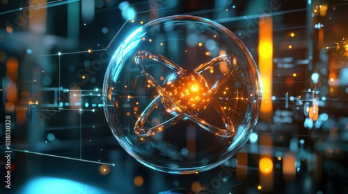 an atom depicted by a glowing 3D model of atomic structure with electrons orbiting around a nucleus in a futuristic lab setting