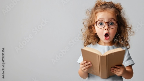 Surprised girl reading book, curly hair, glasses, excitement