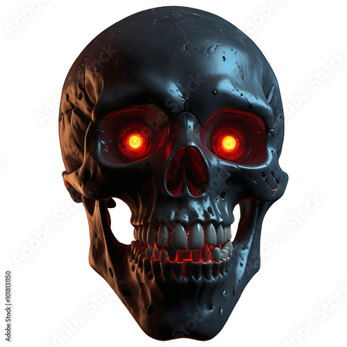 Scary red eyed ghost skull on Halloween human skull and crossbones