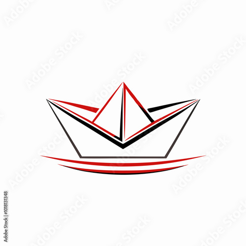 Stylized paper boat design with red and black outlines, symbolizing creativity and adventure
