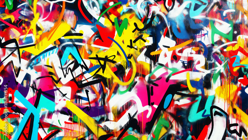 Colorful graffiti on a white background, with numerous vibrant tags and symbols. Street art background texture.