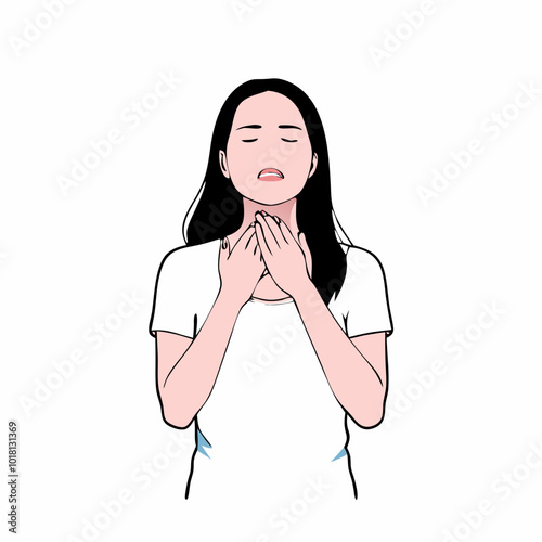 Young woman with discomfort expression touching her throat on white background