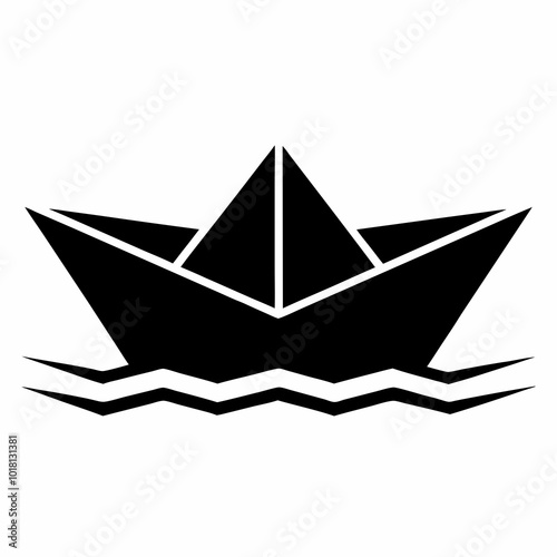 Stylish black paper boat icon on waves for design on a white background