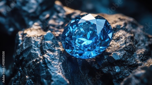 Macro shot of a blue diamond, with a slight focus on the unique color and cut