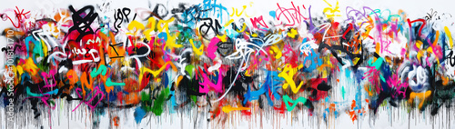Colorful graffiti on a white background, with numerous vibrant tags and symbols. Street art background texture.