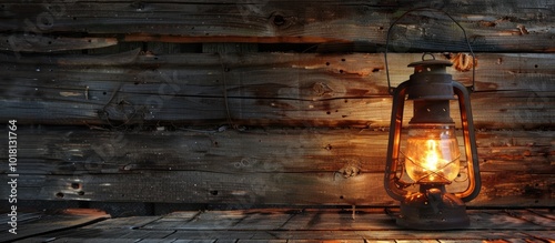 Vintage Kerosene Lantern Emitting Soft Glow in Rustic Barn