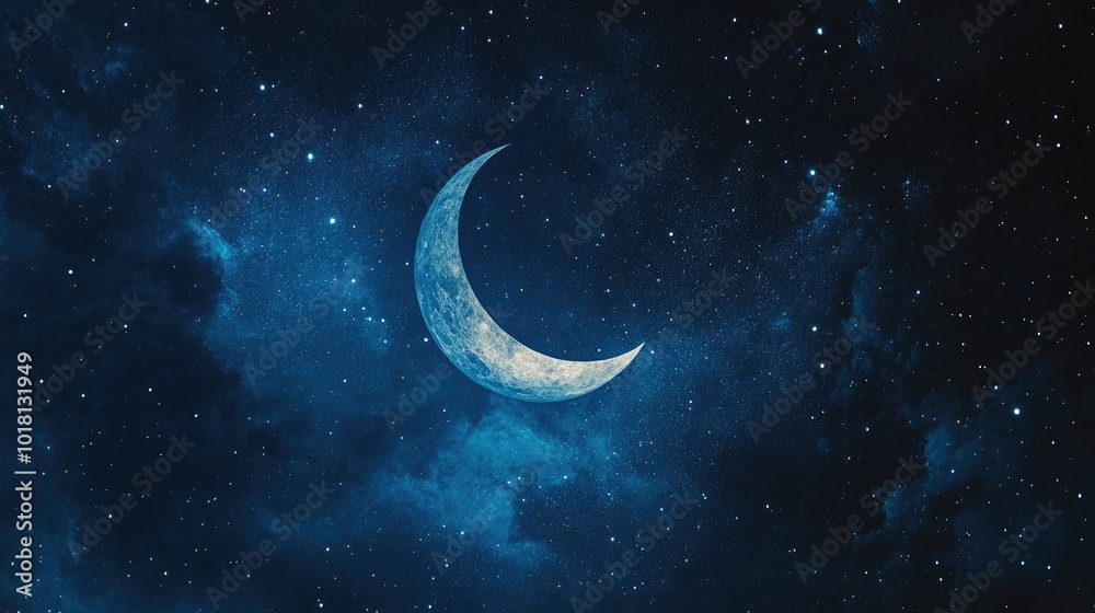 Night sky filled with blue stars and a crescent moon, serene and calm atmosphere Night sky filled with blue stars and a crescent moon, serene and calm atmosphere