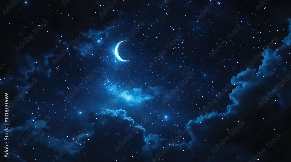 Night sky filled with blue stars and a crescent moon, serene and calm atmosphere Night sky filled with blue stars and a crescent moon, serene and calm atmosphere