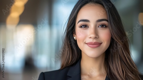 Wallpaper Mural Confident businesswoman smiling in a modern office setting, showcasing professionalism and approachability. Torontodigital.ca